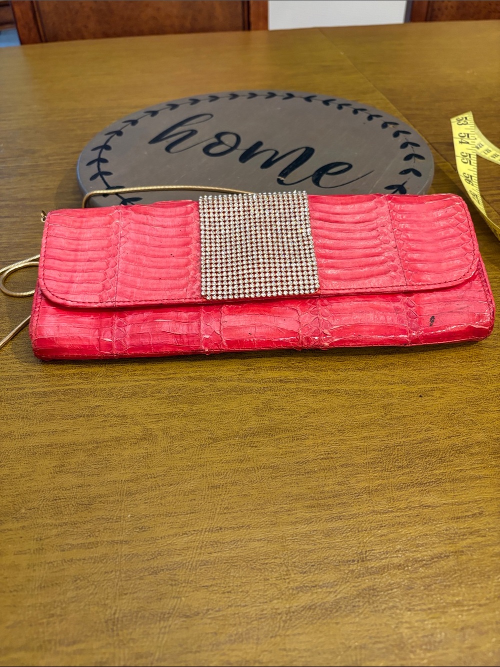 Badgley Mischka Red Croc-Embossed Clutch with Rhinestone Panel